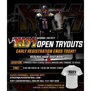 CALLING ALL FOOTBALL PLAYERS! Today is the final day to take advantage of early registration for TOMORROW'S open tryout out at Lynwood High School at 10 am PST (9 am PST registration) Make sure to sign up today at lakissfootball.com or click the link in our @instagram bio! #LAKISSFOOTBALL #WEAREONE