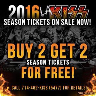 2016 #LAKISS regular season tickets are on-sale now!
For a limited time, fans purchasing two season tickets will receive an additional two season tickets FOR FREE!
Act now by calling 714-462-KISS (5477).